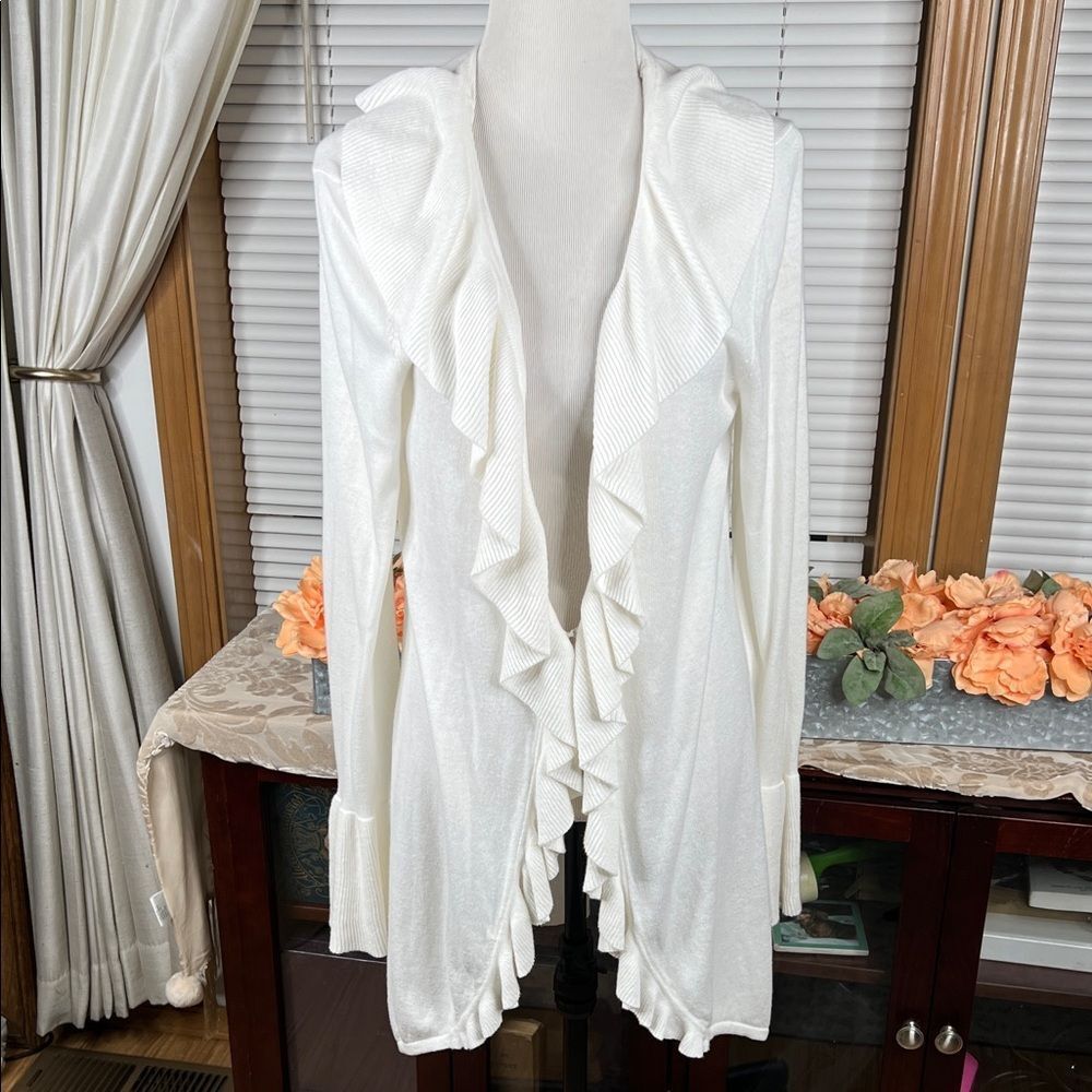 White House Black Market White Ruffled Cardigan
